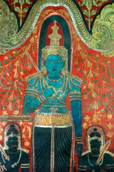 Murale sui muri del tempio di Kelaniya a Kelaniya Vihara, uno dei siti buddisti più sacri a circa sei miglia dalla capitale Colombo, Sri Lanka. 7 gennaio 2010